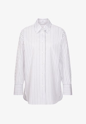 Witte button-up overhemd met verticale marineblauwe strepen, lange mouwen en een klassieke kraag. Heeft een relaxte pasvorm en een knoopsluiting aan de voorkant.
