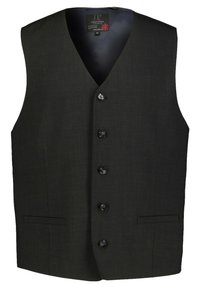 Chaleco negro con diseño de cuello en V, seis botones en la parte delantera y dos bolsillos laterales. La tela tiene una textura sutil.