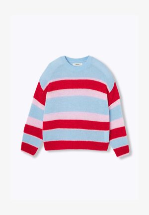 Pull en tricot avec des rayures horizontales rouges, roses et bleues. Encolure ronde, manches longues et poignets côtelés. Texture douce avec une coupe décontractée.