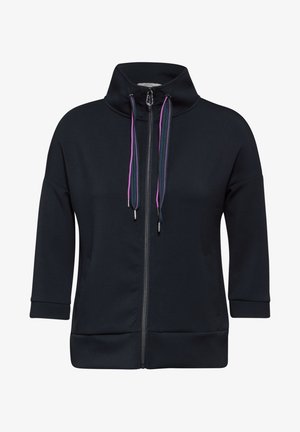 Navyblauwe zip-up sweatshirt met hoge kraag, korte mouwen en kleurrijke trekkoorden. Beschikt over een gladde stof en zijzakken.