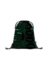 Zaino con coulisse in tessuto nero che presenta un motivo in codice binario verde, texture liscia e contrasti neri per la chiusura.
