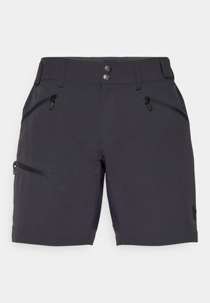 Tamsiai pilkos šortai, pagaminti iš lengvos medžiagos, turintys dvi šonines kišenes su užtrauktukais ir dvi metalines sagas prie juosmens.