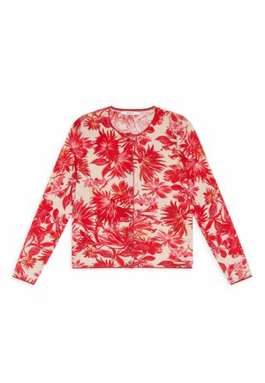 Cardigan a maniche lunghe con bottoni, stampa tropicale floreale rosso brillante e rosa su sfondo beige chiaro.