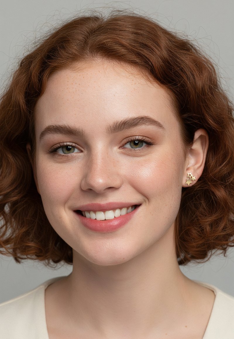 Boucles d'oreilles en forme d'étoile en ton or, petites avec une finition polie, portées par une personne aux cheveux auburn ondulés arrivant aux épaules et portant un top neutre.