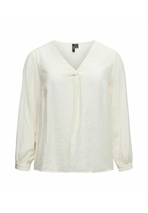Lys kremfarget langermet bluse med V-hals, avslappet passform, teksturert stoff og rynkede mansjetter, med et sentralt drapert detalj foran.