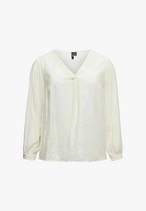 Lys kremfarget langermet bluse med V-hals, avslappet passform, teksturert stoff og rynkede mansjetter, med et sentralt drapert detalj foran.