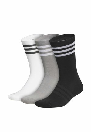 Drei Paar Kniesocken in Weiß, Grau und Schwarz, jeweils mit drei horizontalen Streifen nahe dem Bündchen.