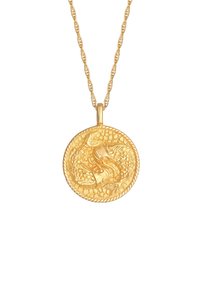Guldringe vedhængs halskæde med en rund medaljon med intrikate prægede detaljer og snor-lignende kant, hængende fra en snoet kæde.