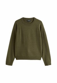 Olivgrüner Pullover aus weichem Strick, mit Rundhalsausschnitt, langen Raglanärmeln und geripptem Saum sowie Bündchen.