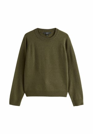 Olivgrüner Pullover aus weichem Strick, mit Rundhalsausschnitt, langen Raglanärmeln und geripptem Saum sowie Bündchen.