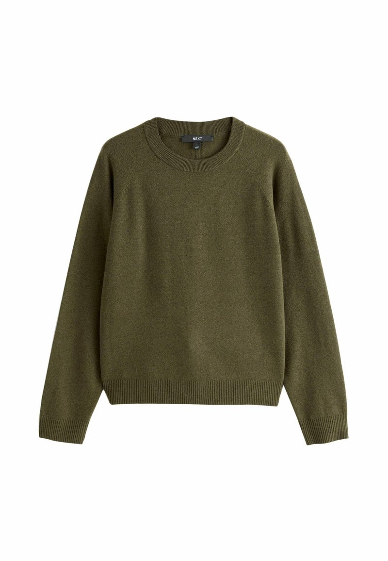 Olivgrüner Pullover aus weichem Strick, mit Rundhalsausschnitt, langen Raglanärmeln und geripptem Saum sowie Bündchen.