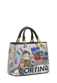 Sac à main en cuir de couleur crème et teintes pastel, avec des graphiques de dessins animés, des patches et des garnitures dorées. Poignées doubles incluses.
