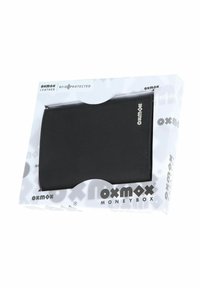 Portefeuille oxmox en cuir noir avec protection RFID dans un emballage blanc de marque, étiqueté "Moneybox."