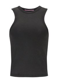 Schwarzes, geripptes Tanktop mit hohem Kragen, ärmellosem Design und glatter Textur. Verfügt über einen geraden Saum und dezente Markenkennzeichnung im Kragen.