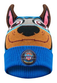 Berretto lavorato a maglia con un design a forma di faccia di cane nei toni marrone, grigio e blu. Fascetta blu a coste con un logo circolare di PAW Patrol.