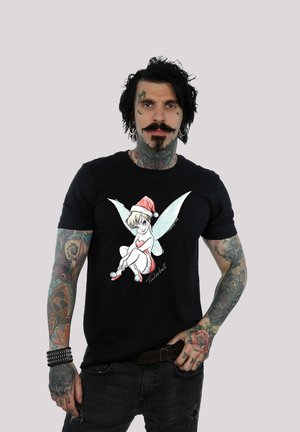 Black cotton t-shirt featuring a graphic of a fairy with a Santa hat. The design includes colorful accents and detailing, with the name "Tinkerbell."