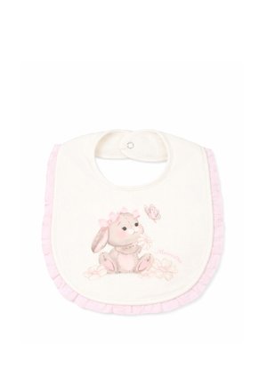 Bavoir blanc pour bébé avec des bords froufroutants roses, mettant en scène un joli lapin tenant une fleur, avec un papillon au-dessus, entouré de plusieurs fleurs.