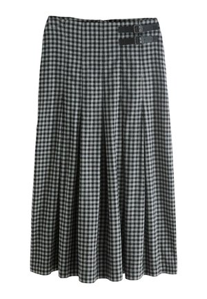 Plaid skirt featuring a black and white checkered pattern, pleated design, and dual buckle accents on the waistband.