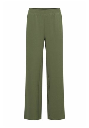 Groene, wijde trainingsbroek met een elastische tailleband. Gemaakt van een gladde, lichtgewicht stof met een losse pasvorm en zonder zichtbare patronen of accessoires.