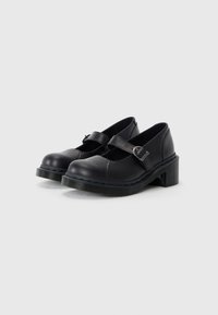 Zwarte leren Mary Jane schoenen met een ronde neus, verstelbare band en een chunky hak met een getextureerde rubberen zool.