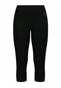 Leggings capri noirs en tissu extensible. Dotés d'une large ceinture et d'un design minimaliste avec un petit logo sur le côté gauche.