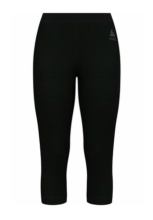 Black capri leggings made of stretchy fabric. Features a wide waistband and minimalistic design with a small logo on the left side.