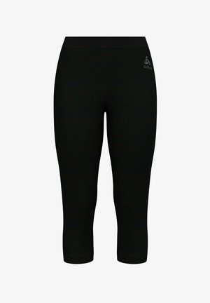 Black capri leggings made of stretchy fabric. Features a wide waistband and minimalistic design with a small logo on the left side.