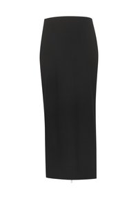 Sort blyantskørt med en glat tekstur, mellemlangt design og en rygslids. Ingen synlige lukninger eller udsmykninger.