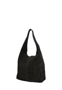 Zwarte suedine hobo tas met een zachte textuur, een verlengd hengsel en een kenmerkende naaddetail aan de voorkant. Ruime, slappe ontwerp.