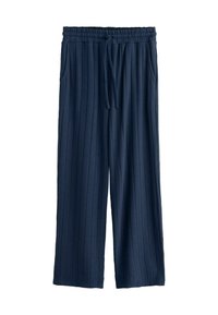 Marineblaue, weit geschnittene Hosen mit vertikaler Rippung, elastischem Bund, verstellbarem Kordelzug und zwei Seitentaschen.