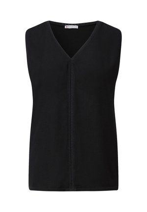 Mustat hihattomat topit, joissa on V-pääntie, valmistettu pehmeästä kankaasta. Keskisauma ja hienovarainen tekstuuri. Ei lisäkoristeluja.