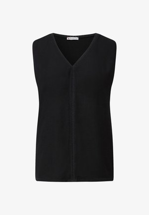 Czarny bezrękawnik z dekoltem w serek, wykonany z miękkiego materiału. Posiada centralny szew i delikatną teksturę. Brak dodatkowych ozdób.