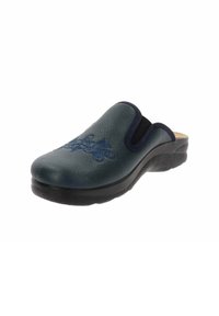Zoccolo in pelle blu con forma ergonomica, pannelli laterali elasticizzati, suola nera testurizzata e ricami decorativi blu sulla superficie superiore.