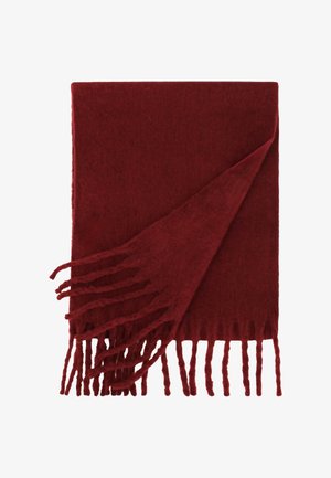 Bufanda de lana roja con una textura suave, forma alargada y bordes con flecos, doblada con una esquina colgando sobre el cuerpo principal.