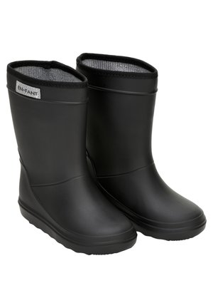 Paire de bottes de pluie en caoutchouc noires mi-mollet avec doublure textile grise et étiquette "EN FANT" sur le côté extérieur supérieur.