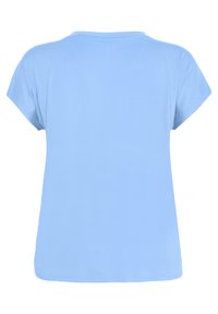 Light blue short-sleeve T-shirt, rounded neckline, soft fabric, relaxed fit with a smooth texture, no patterns or embellishments.