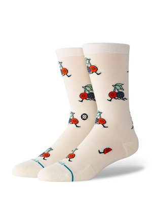 Knee-length socks in light cream with colorful fruit and insect patterns, featuring red and blue accents and a turquoise band at the toe.