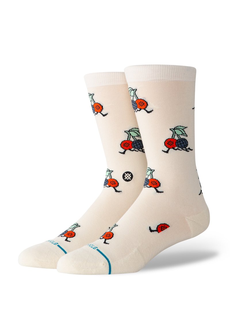 Knee-length socks in light cream with colorful fruit and insect patterns, featuring red and blue accents and a turquoise band at the toe.