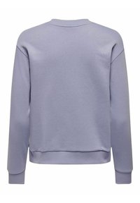 Felpa lilla chiaro con maniche lunghe, colletto e polsini a coste, e un tessuto testurizzato. Presenta un orlo dritto e cuciture delle spalle abbassate.