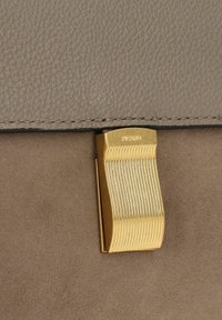 Pelle beige texturizzata con una sezione in suede liscio, dotata di una chiusura in metallo dorato con dettagli rigati. I bordi e le cuciture sono visibili.