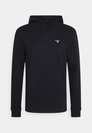 Czarna bluza z kapturem z długimi rękawami, przednią kieszenią typu kangur oraz małym logo Barbour na lewej piersi.