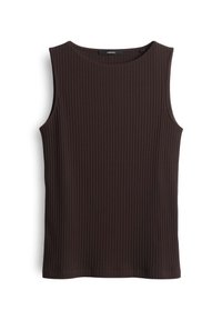 Brown ribbed sleeveless top with a round neckline. Fabric texture is slightly stretchy, offering a fitted shape without seams at the shoulders.