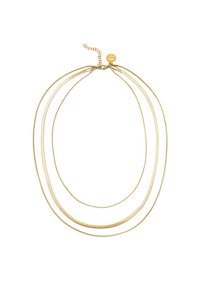 Collana multi-strato in oro con tre filamenti: due lisci e uno testurizzato. Presenta una chiusura e una catena regolabile per la misura.