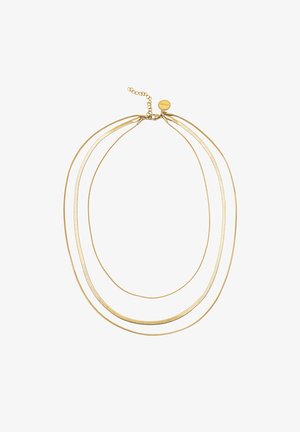 Złoty, wielowarstwowy naszyjnik z trzema pasmami: dwa gładkie i jedno fakturowane. Posiada zapięcie i regulowany łańcuszek umożliwiający dopasowanie rozmiaru.
