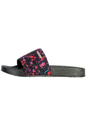 Infradito neri con una fascia in tessuto floreale nei toni del rosa e del blu. Suola testurizzata per una migliore aderenza, design open-toe e imbottitura per il comfort.