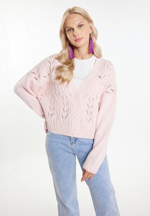 Světle růžový pletený cardigan s listovým vzorem, výstřihem do V a pěti knoflíky. Nosený přes bílou košili s širokými rukávy.