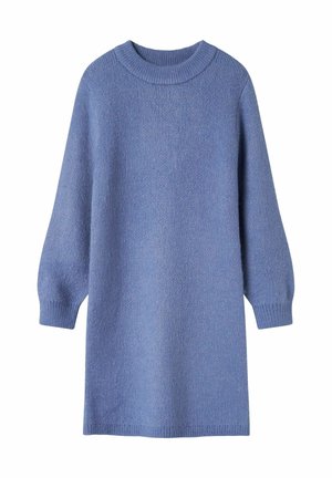 Robe pull en tricot bleu avec des manches longues et bouffantes et un col rond. Présente une texture douce ainsi qu'un ourlet et des poignets côtelés.