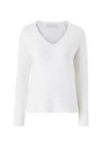 White knitted sweater with a V-neck, long sleeves, and ribbed texture. Casual design with a relaxed fit and subtle stitching details.