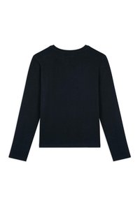 Svart långärmad topp med rund halsringning. Tyget verkar slätt med en figurnära passform och subtila sömdetaljer vid nederkant och manschetter.