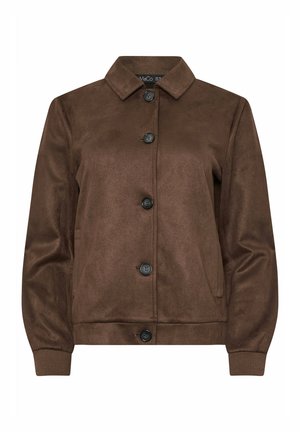 Brown suede jacket with a collar, five black buttons down the front, long sleeves, and ribbed cuffs.